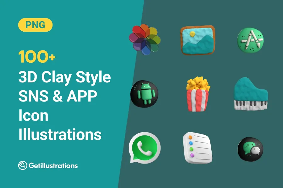 100+ Clay-style 3D Illustrations for SNS and App Icons