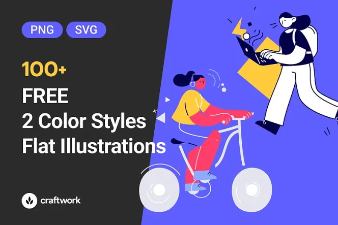 Add vibrancy to your website with 108 free, commercially usable flat illustrations in two color styles, available in PNG format.
